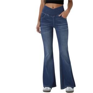 Halara Flex High Waisted Crossover Pocket Washed Stretch Knit Casual Flare Jeans